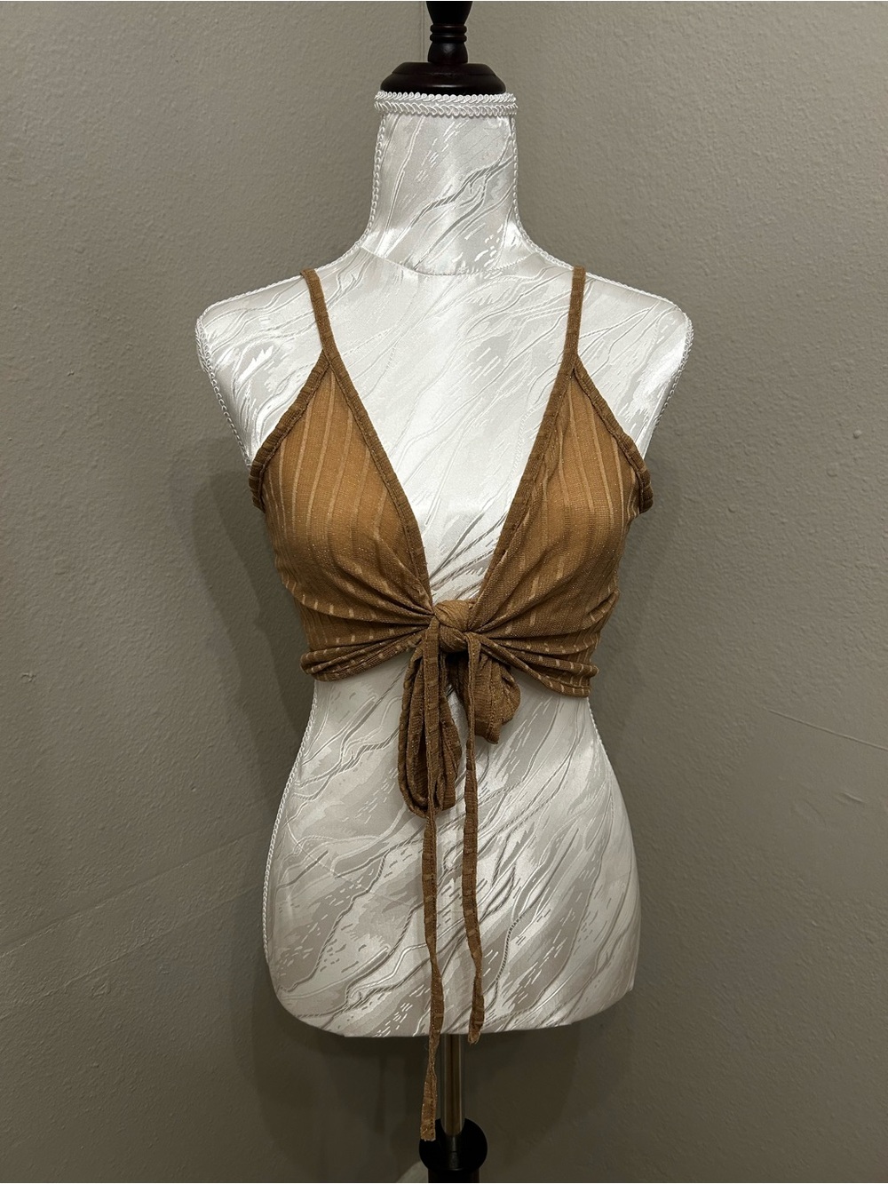 SHEIN Brown Ribbed Tie-Front Cami